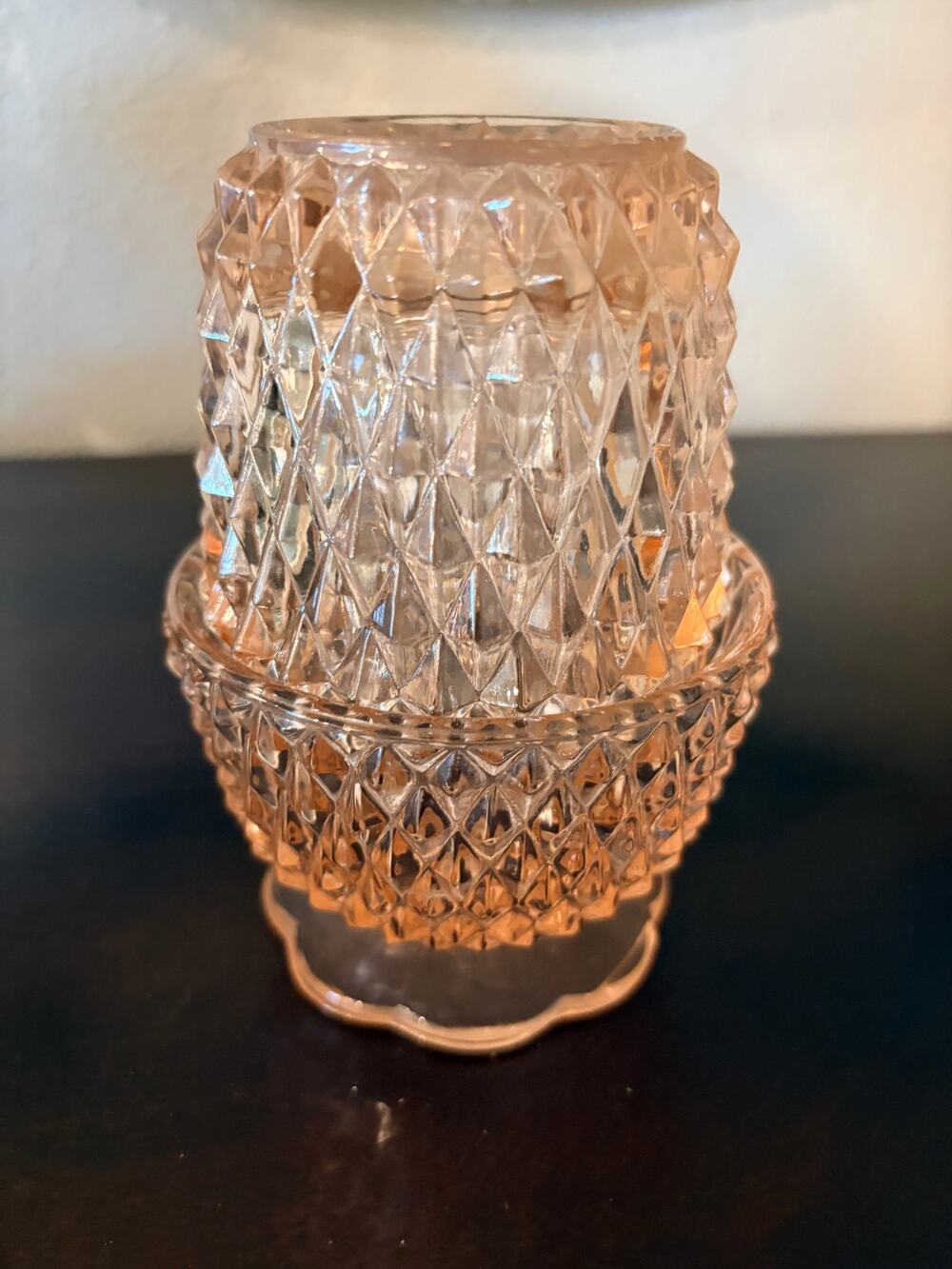 Vintage Indiana Glass Diamond Point Fairy Lamp Peach Pink Glass 2 Pieces